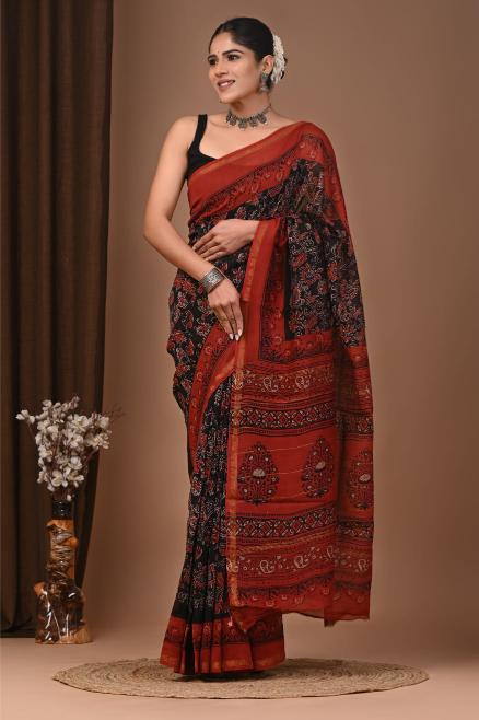 Tulip block printed Chanderi Silk saree