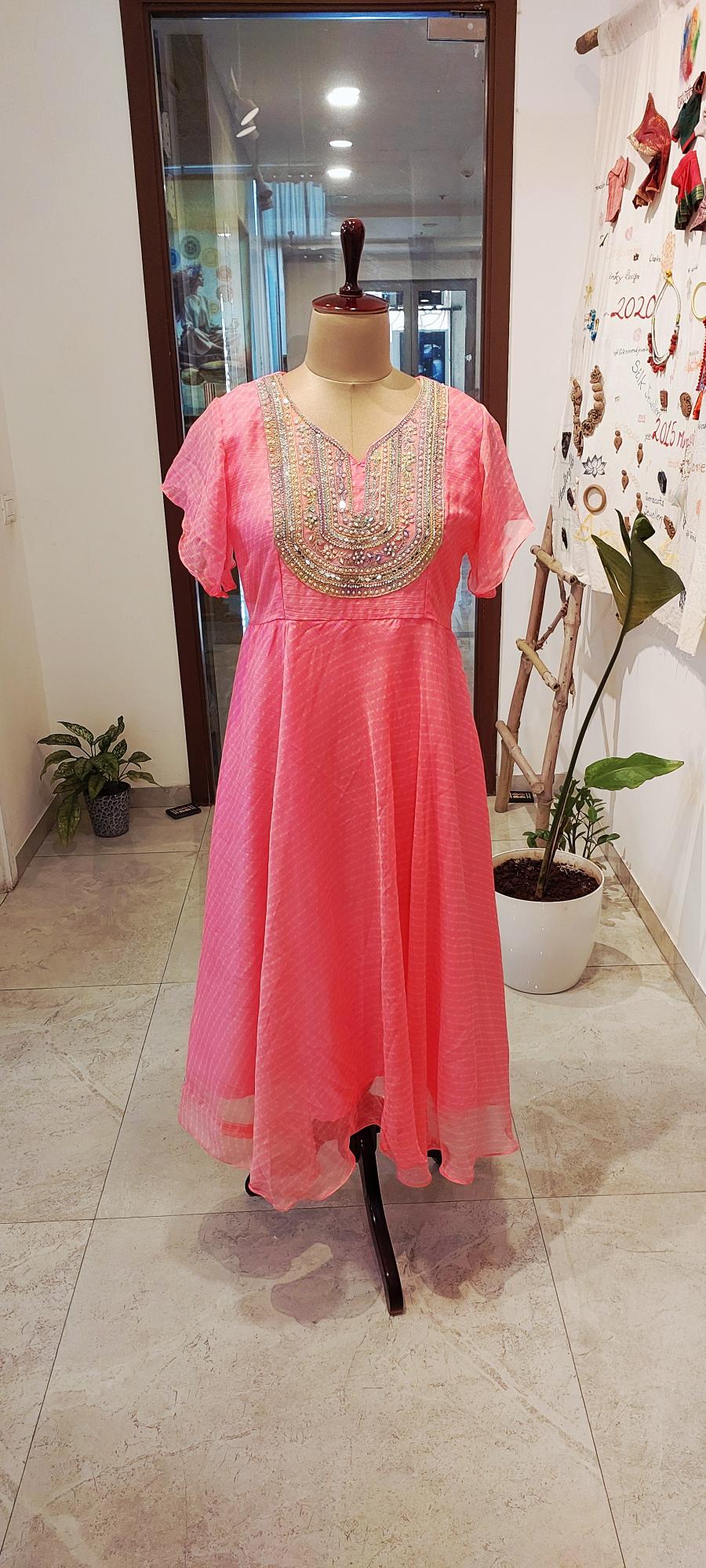 Festive Pink Chiffon Dress with Intricate Mirror Yoke