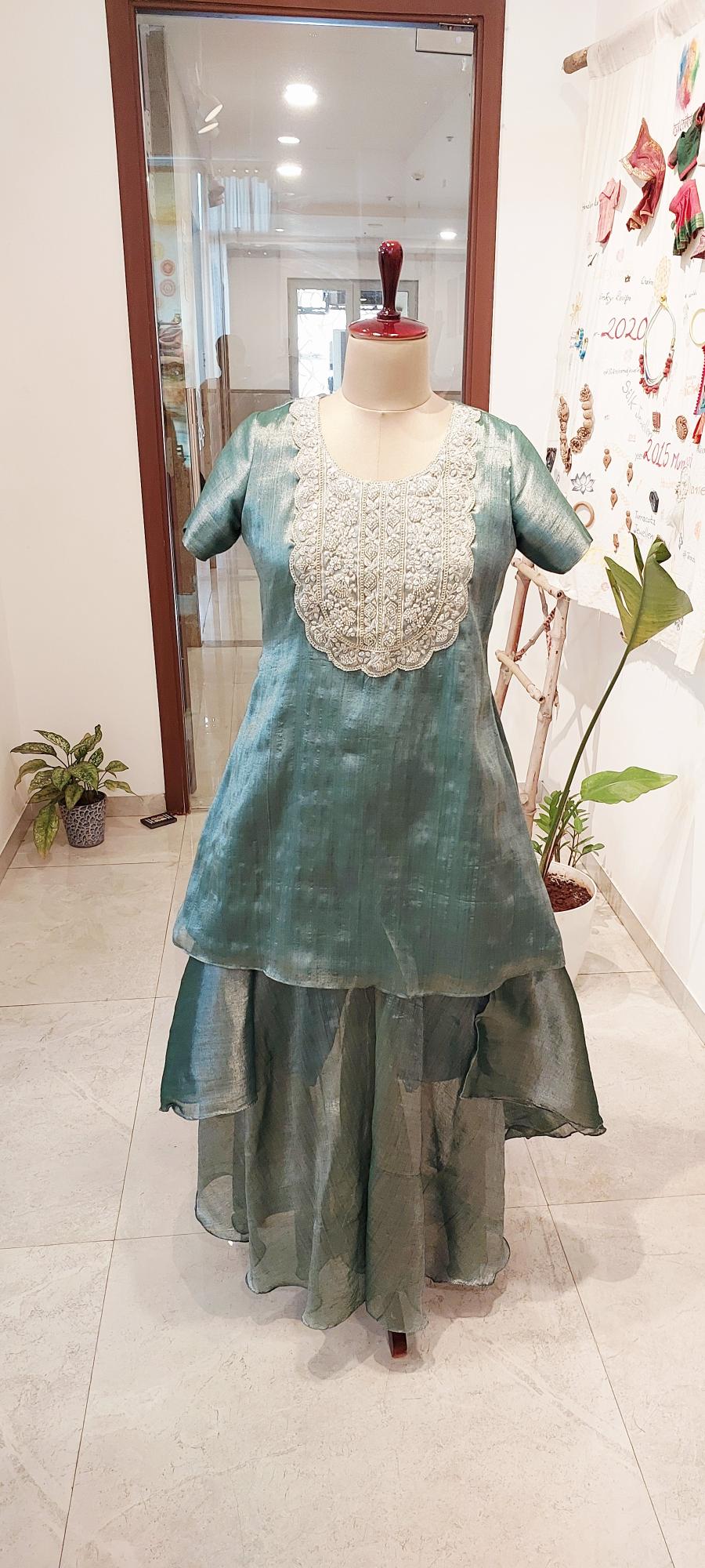 Sage Green Mul Tissue Kurta & Umbrella Flared Pants Set