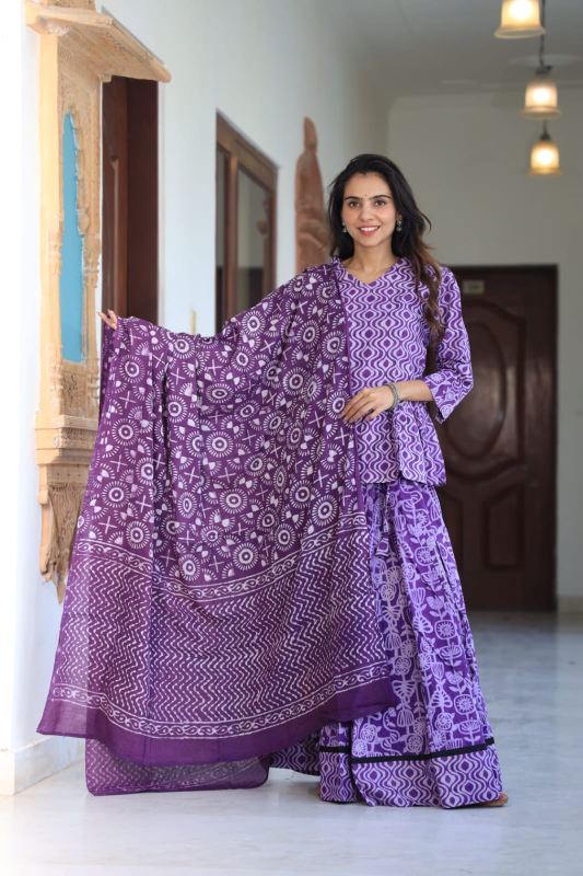 Amethyst Mul mul Cotton Lehenga set Natural Block prints