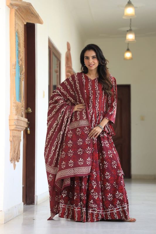 Matte Red Mul Cotton Lehenga Set
