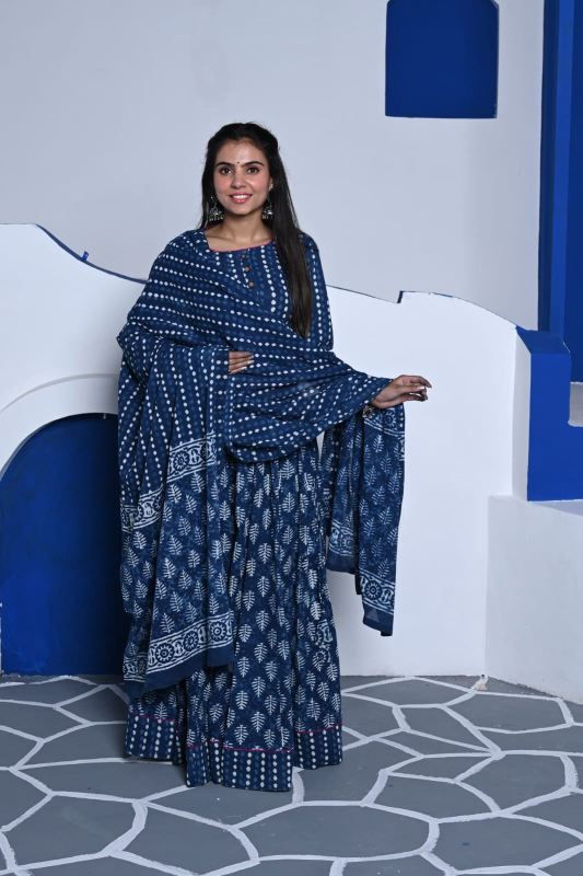 Mul Mul Cotton Lehenga Set Indigo