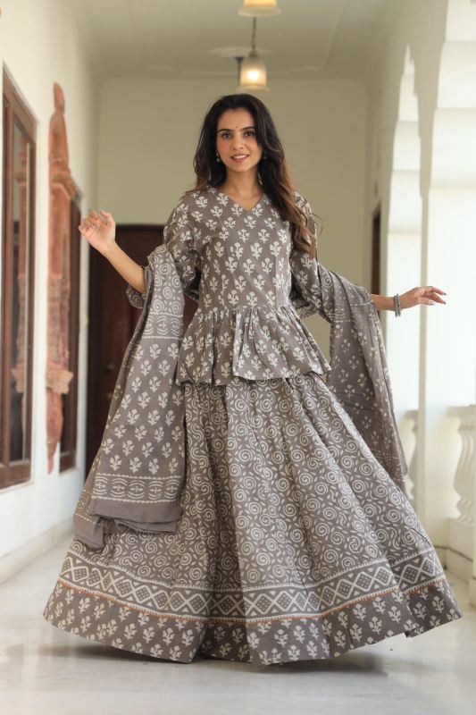 Charcoal Grey Cotton Lehenga set
