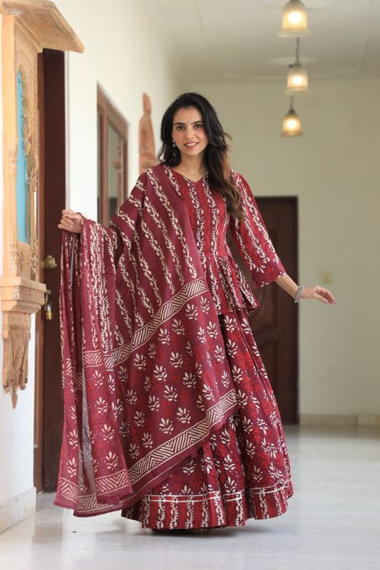 Matte Red Mul Cotton Lehenga Set