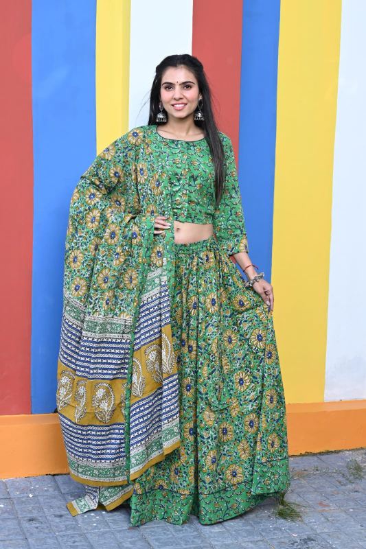 Moss Green Cotton Lehenga Set