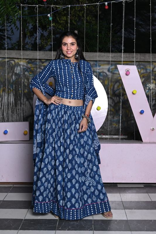 Mul Mul Cotton Lehenga Set Indigo