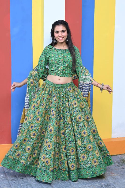 Moss Green Cotton Lehenga Set