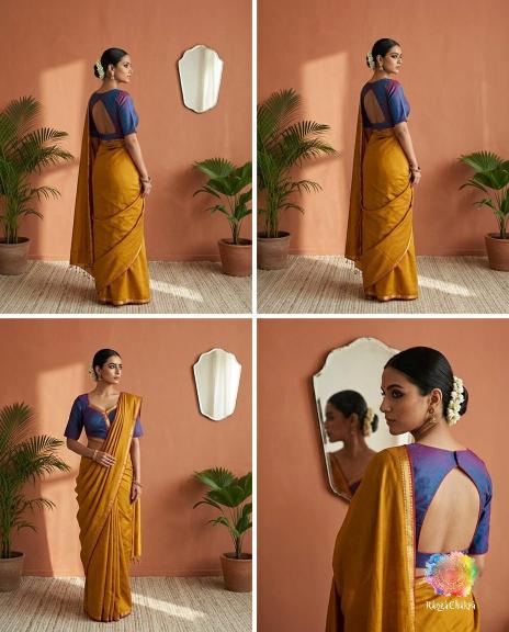 Dual-Tone Royal Blue & Violet Silk Angrakha Blouse with keyhole Back