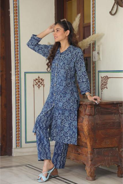 Neutral indigo Cotton Shirt Collar Co-ord Set