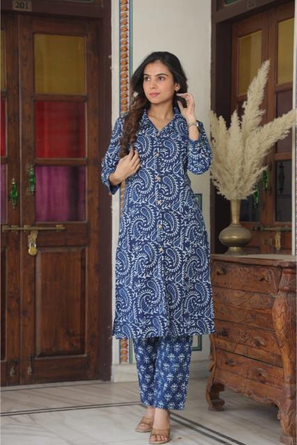 Indigo Cotton Shirt Collar Co-ord Set