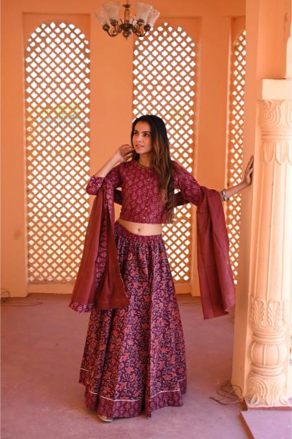 Matte Red block printed Mul Cotton Lehenga Set