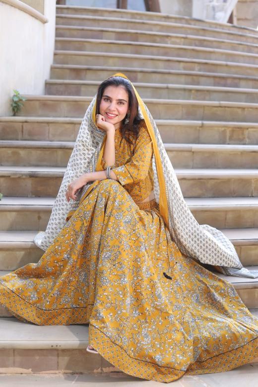 Mustard Mul Cotton Lehenga Set