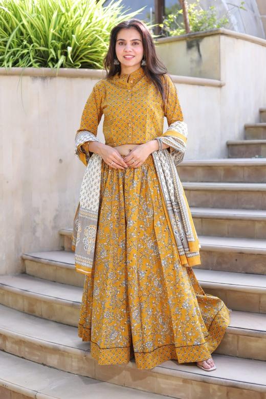 Mustard Mul Cotton Lehenga Set