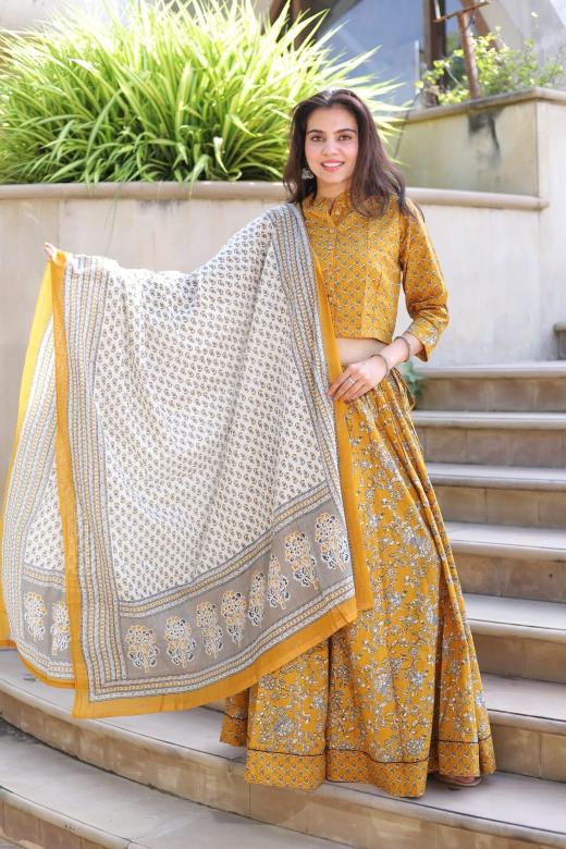 Mustard Mul Cotton Lehenga Set