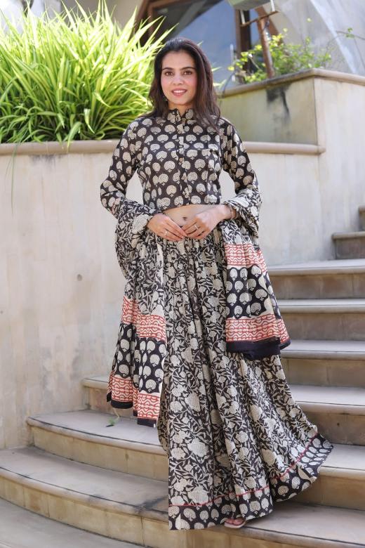 Cotton Lehenga Set Black