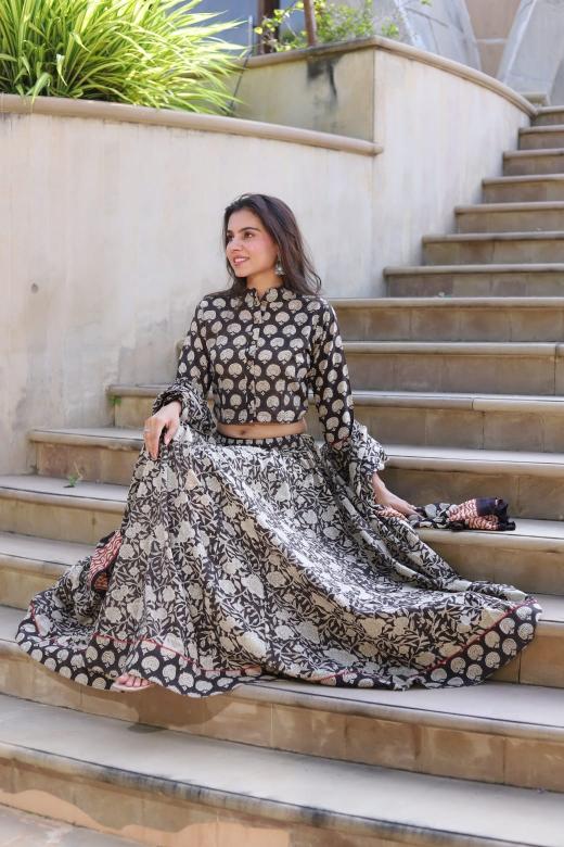 Cotton Lehenga Set Black