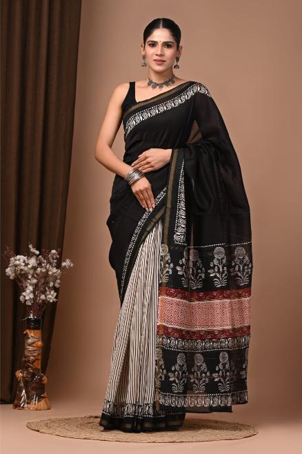 Black Block Chanderi Silk saree