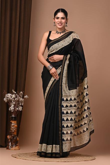 Black Block Chanderi Silk saree