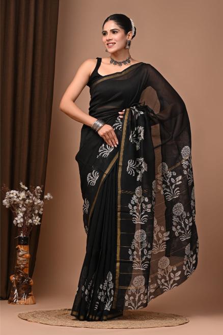 Black Block Chanderi Silk saree