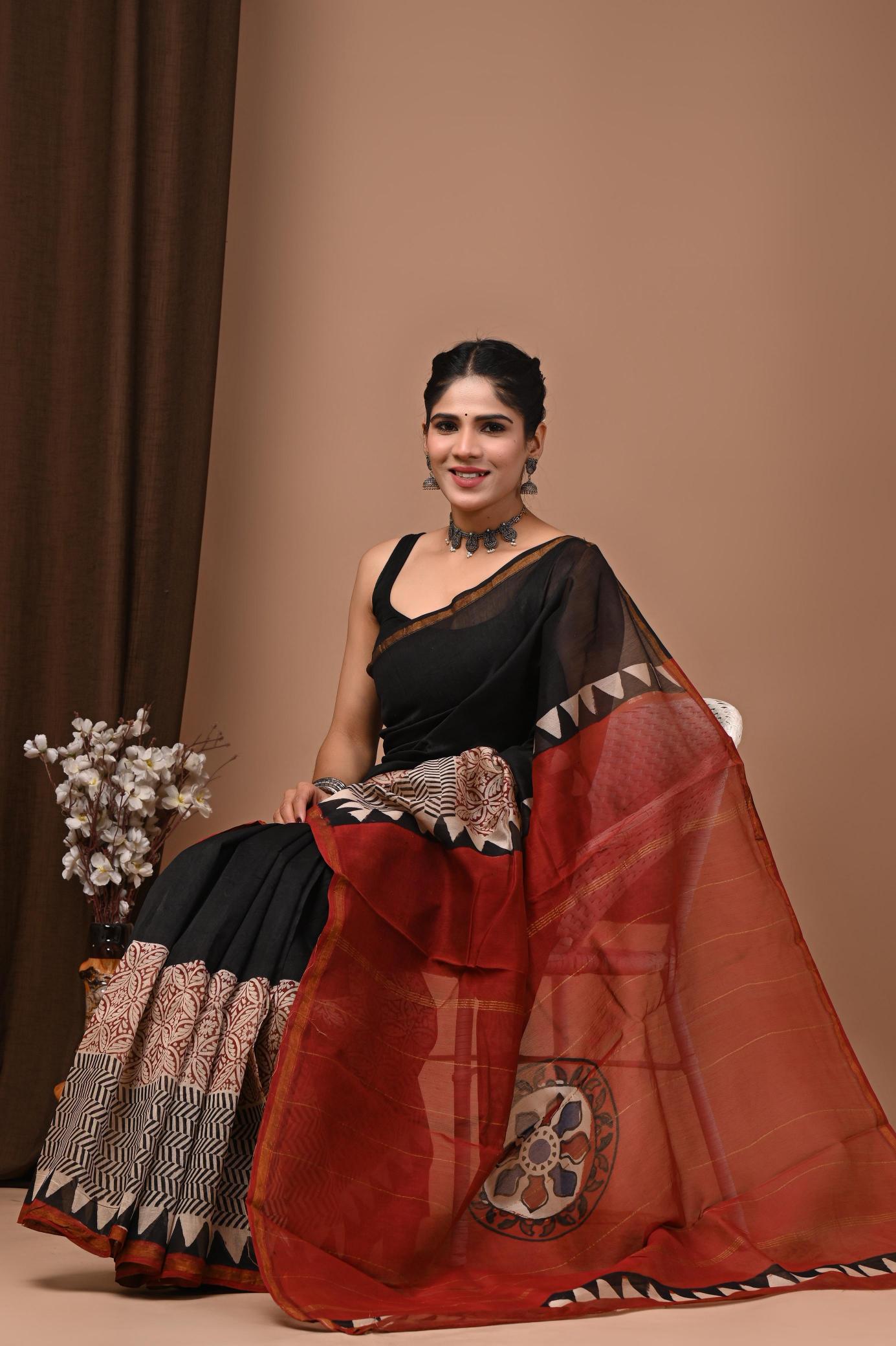 Black Block Chanderi Silk saree