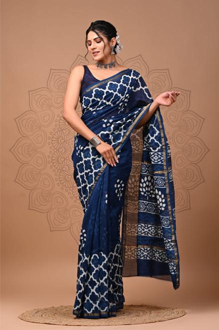 Indigo Block Chanderi Silk saree