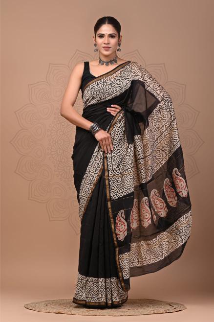 Black Block Chanderi Silk saree
