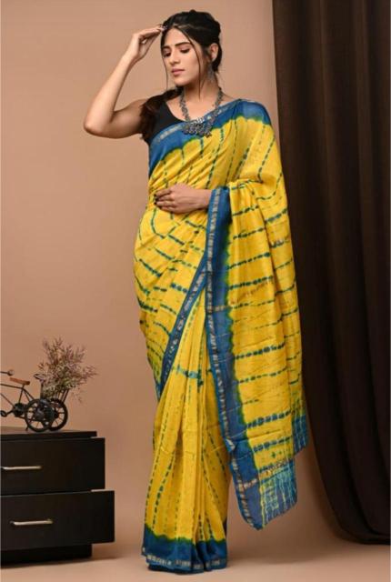 Yellow Floral block printed Chanderi Silk saree