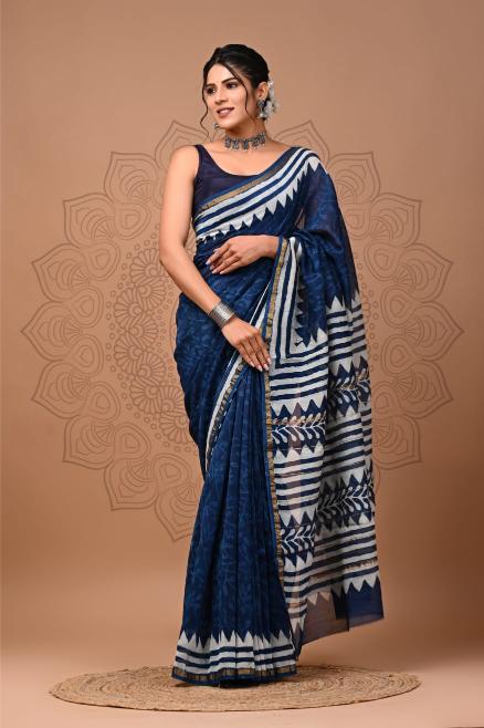 Indigo Block Chanderi Silk saree