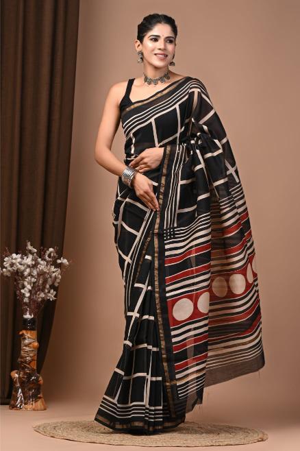 Black Block Chanderi Silk saree