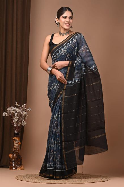Indigo Block Chanderi Silk saree