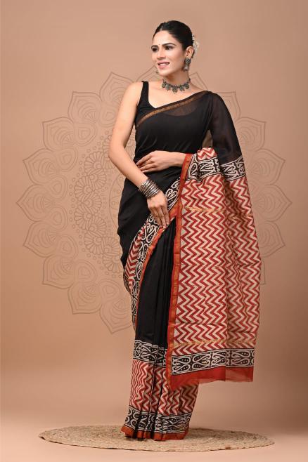 Black Block Chanderi Silk saree