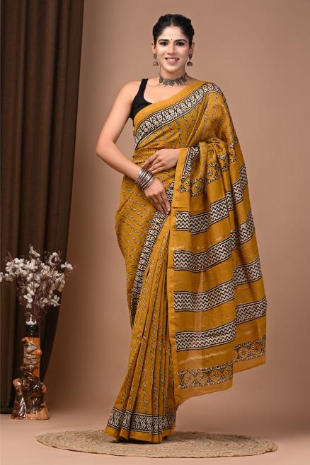 Yellow Floral block printed Chanderi Silk saree
