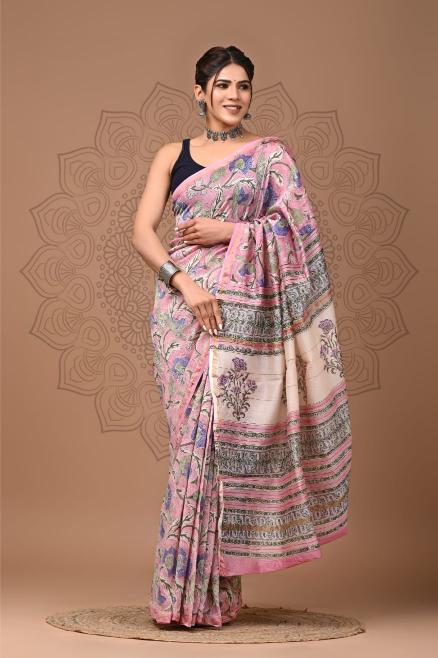 Floral Mughal block printed Chanderi Silk saree