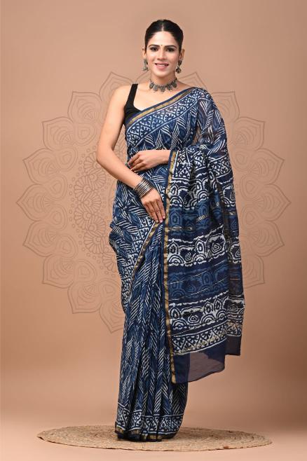 Indigo Block Chanderi Silk saree