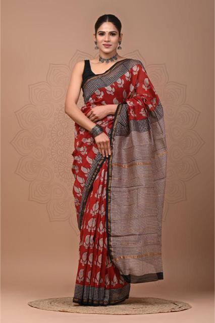 Paisley block printed Chanderi Silk saree