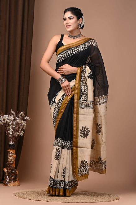 Black Block Chanderi Silk saree