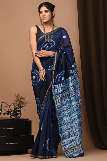 Indigo Block Chanderi Silk saree