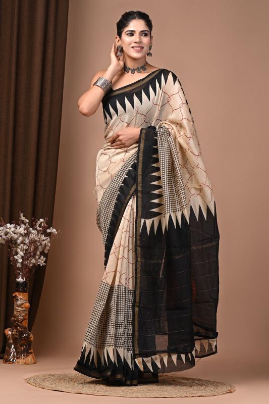 Floral Mughal block printed Chanderi Silk saree
