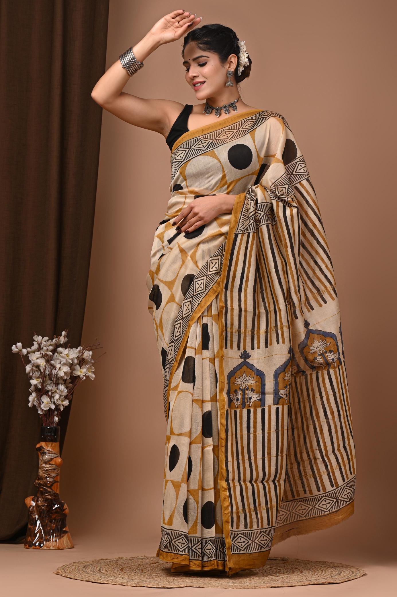 Floral Mughal block printed Chanderi Silk saree