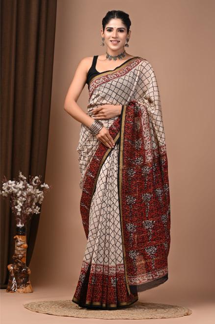 Floral Mughal block printed Chanderi Silk saree