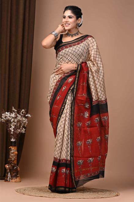 Floral Mughal block printed Chanderi Silk saree