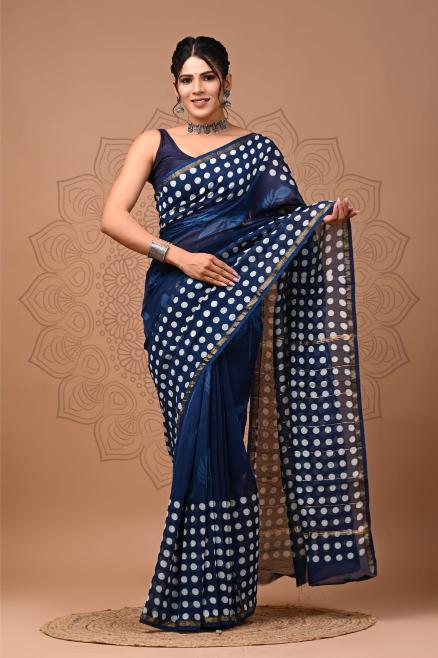 Indigo Block Chanderi Silk saree