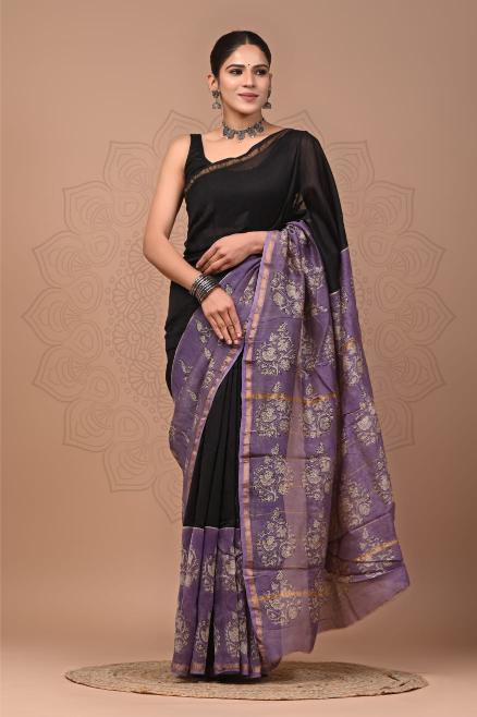Floral Mughal block printed Chanderi Silk saree