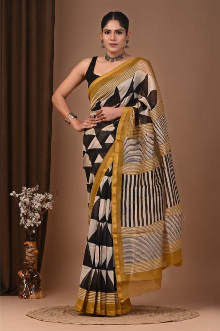 Black Block Chanderi Silk saree