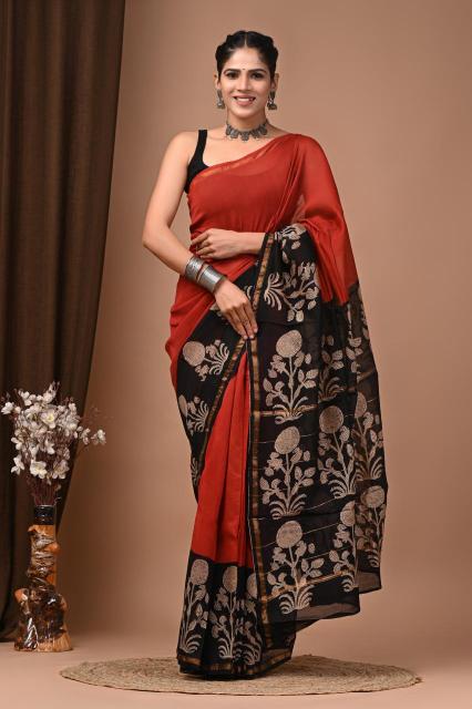 Floral Mughal block printed Chanderi Silk saree