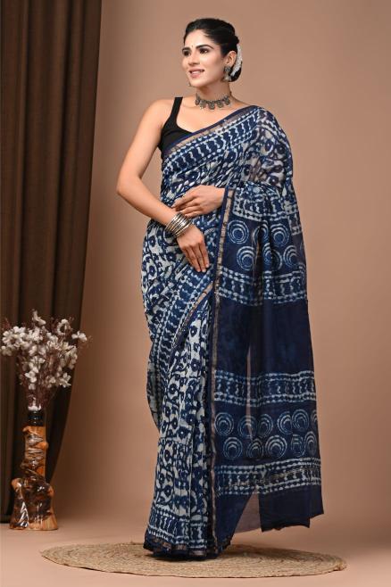 Indigo Block Chanderi Silk saree