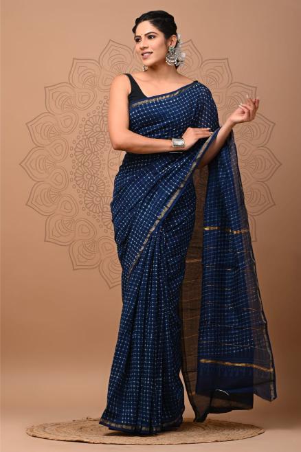 Indigo Block Chanderi Silk saree
