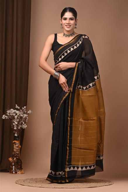 Black Block Chanderi Silk saree