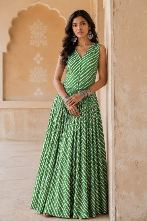 Dark green leheriya Cotton Co-Ord Set | Handcrafted Skirt & Vest Set