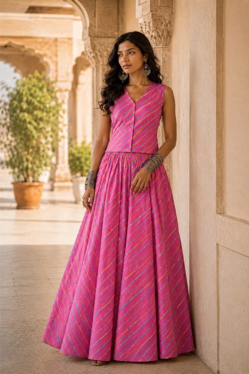 Light Pink Hand-Printed Cotton Co-Ord Set | Handcrafted Skirt & Vest Set